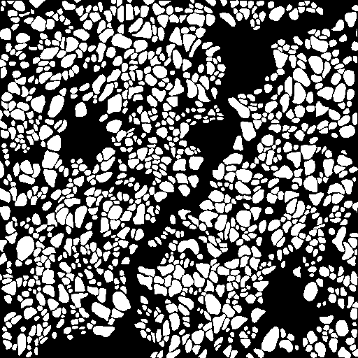 Une image en deux couleurs contenant une multitude de forme approximativement circulaires de couleur blanche, sur un fond noir
